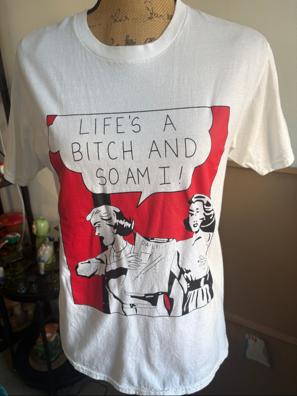 Graphic White Tee with Red & Black Retro Comic Print